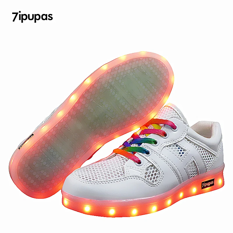 7ipupas Children White Breathable Sneakers Summer Sport Led Luminous Lighted Shoes for Kids Running Shoes Boy Girl Glowing Flats