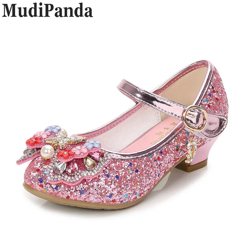 MudiPanda/блестящие детские девичьи на высоком каблуке; обувь для детей; сандалии принцессы; галстук-бабочка; вечерние свадебные туфли для маленьких девочек