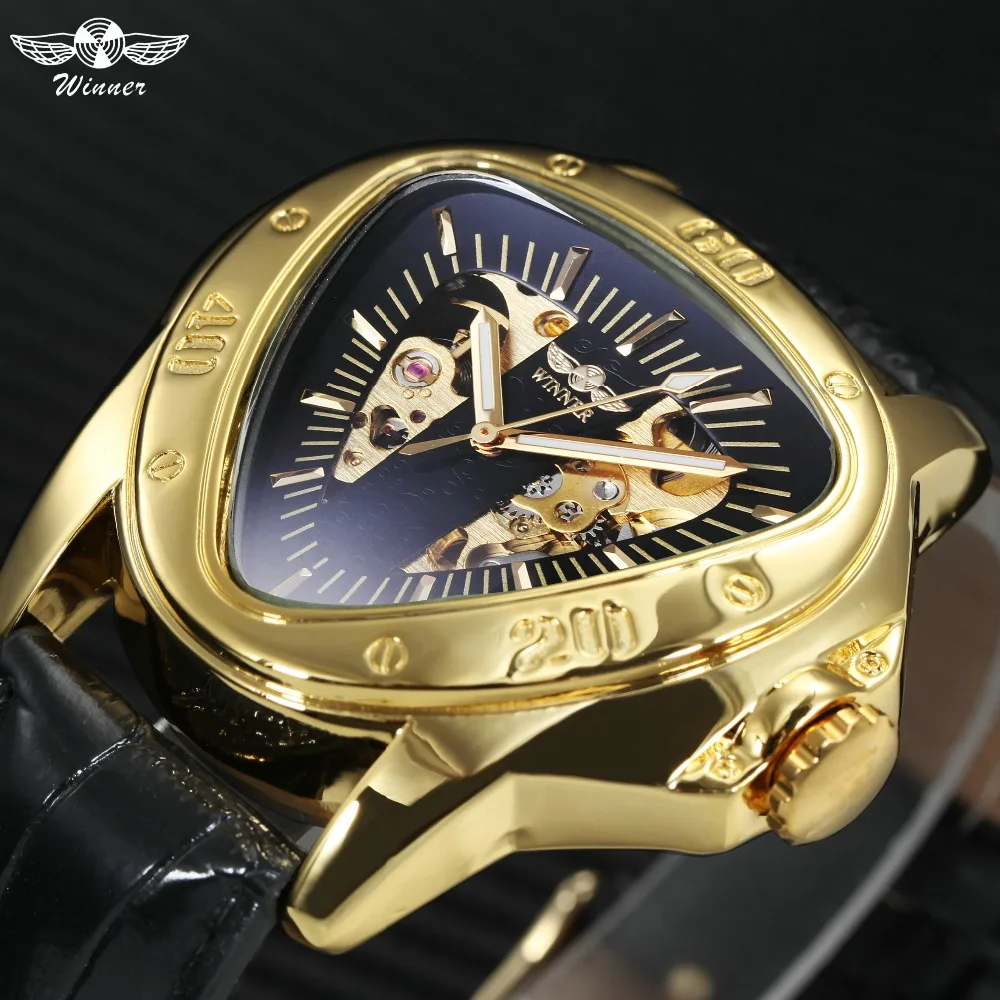 

WINNER Top Brand Luxury Men Automatic Mechanical Watch Triangle Skeleton Dial Luminous Hands Fashion Male Wristwatches Gift