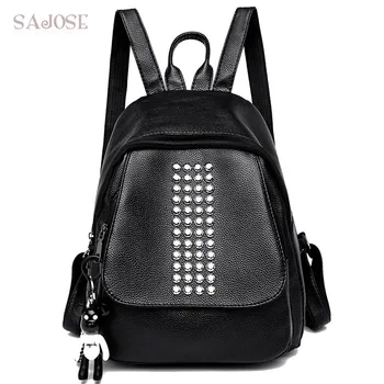 

School Backpacks For Teenage Girls Women Leather Fashion Rivet High Quality Backpack Female Bear Black Shoulder Bag DropShipping