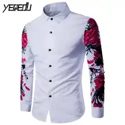 4711 2018 с цветочным принтом рукавом мода Slim fit Белая рубашка для мужчин Camisa masculina длинным рукавом мужская одежда рубашки для мальчиков