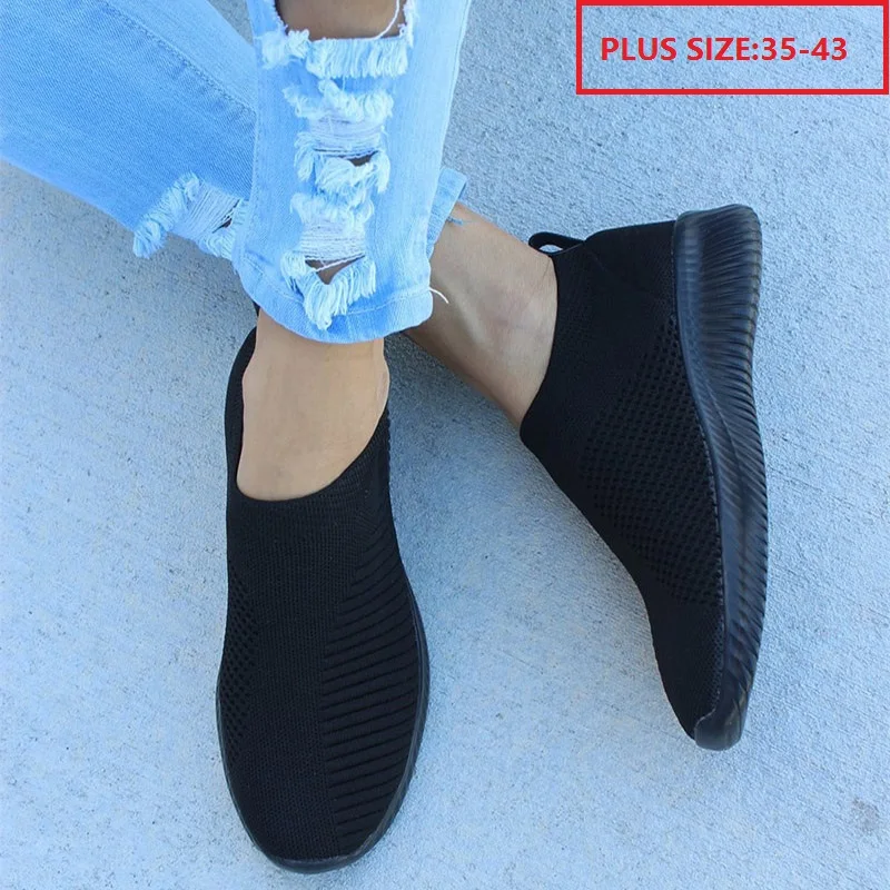 Casuais de Tricô Deslizamento em Senhoras Primavera Sapatos Femininos Tênis Mocassins Sock Estiramento Plataforma Plana Andando Mais Tamanho