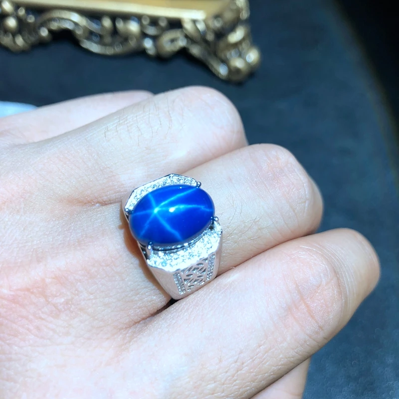 Крутое мужское кольцо блестящий сапфир «голубая звезда» драгоценное кольцо 925 серебряные ювелирные изделия большого размера Блестящий Драгоценный Камень Сертифицированный подарок на день рождения
