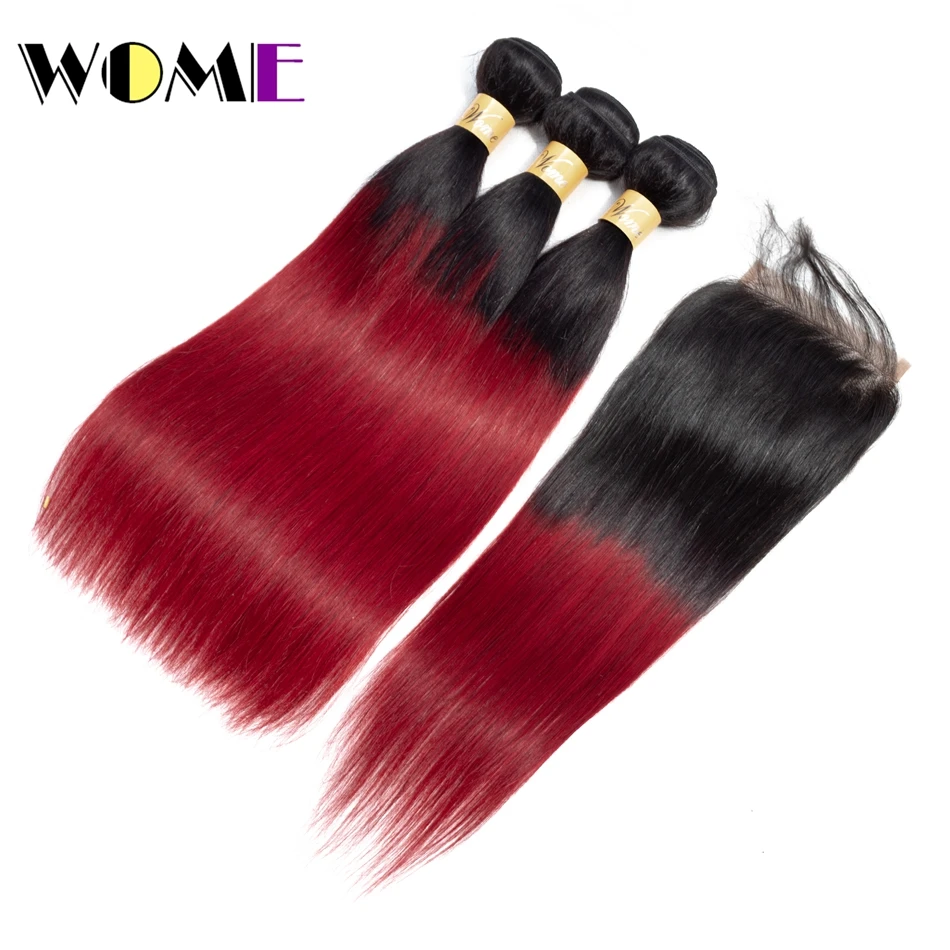 Женские предварительно цветные 1b/ошибка 3 бордовые пучки с закрытием индийские прямые Омбре человеческие красные пучки волос с прямыми закрытиями
