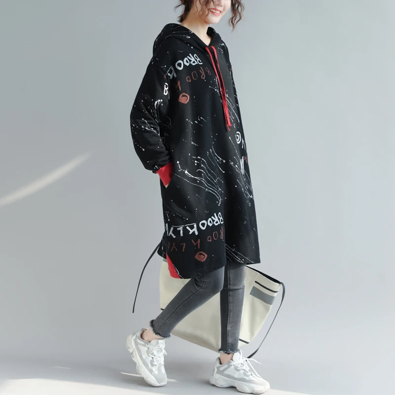

Women Velvet Harajuku Kawaii Long Hoodies Letter Printed Autumn Winter Plus Size Hooded Sweatshirt Dress Casual Loose Hoodie