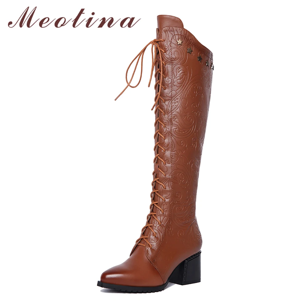 

Meotina Winter Women Boots Over the Knee Boots Natural Genuine Leather Block Heel Long Boots Real Leather Lace Up Shoes Size 42