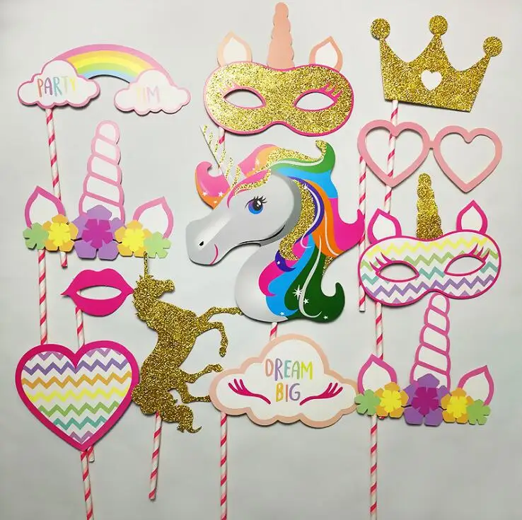 

12pcs Unicorn Party Decoration Photo Booth Props Happy Birthday Party Decoration Kids Glitter Baby Shower Photobooth Props