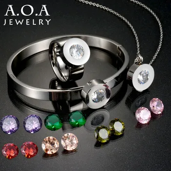 

7 Colors Cubic Zircon Jewelry Sets Stainless Steel Crystal Necklace Charms Necklace Bracelet Rings Wedding Jewelry Set