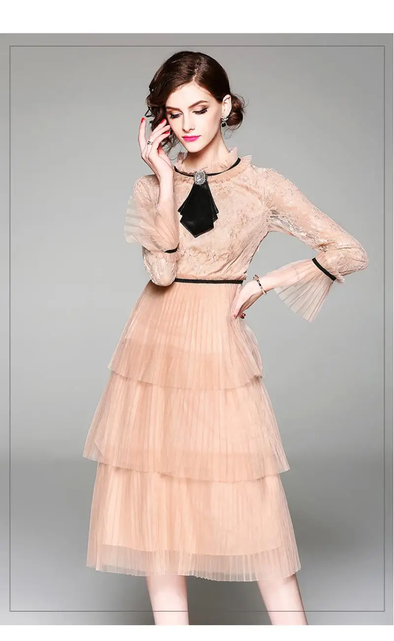 Summer Hollow Pleated Gauze Lace Dress Women Long Sleeve Princess Dress Moda Mujer 2018 Midi Party Dress Strand Jurkjes
