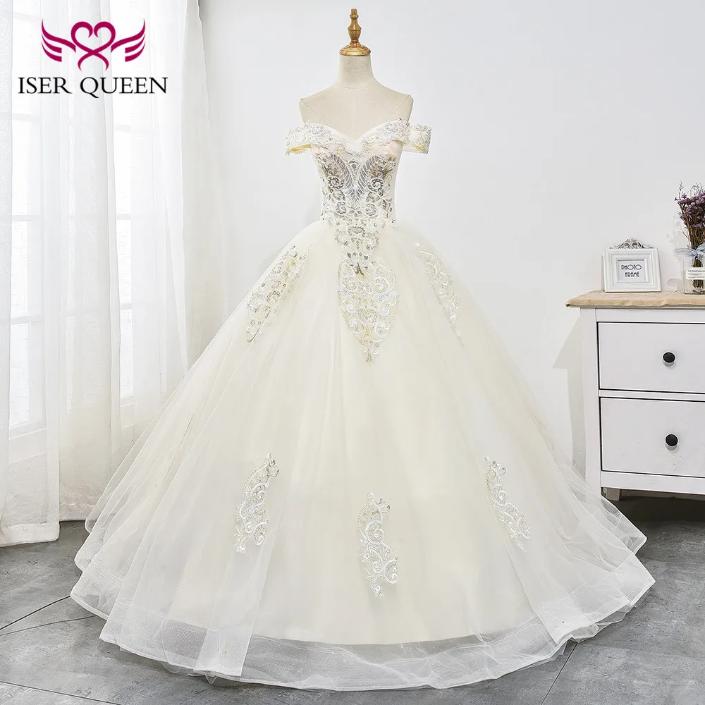 

Shining Crystal Sequined and Beading Appliques Embroidery Lace up Wedding Dresses Ivory Color Ball Gown Vestido De Novia WX0026