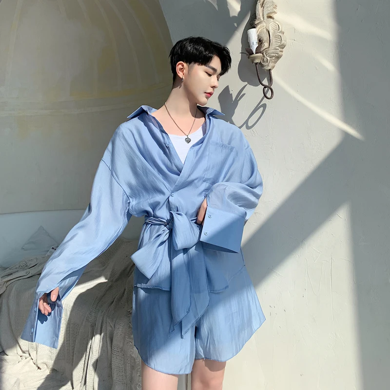 

Men Shirts 2PCS Sets (shirt+shorts) Male Streetwear Vintage Fashion Casual Loose Long Sleeve Shirts Male Stage Costumes Couple