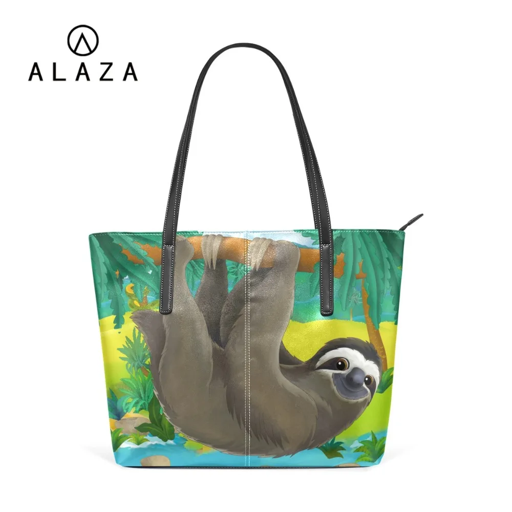 

ALAZA PU Leather Thin Strap Shoulder Bag Sloth Pattern Handbag Big Tote Shopping Messenger Bags For Women bolso mujer 2019
