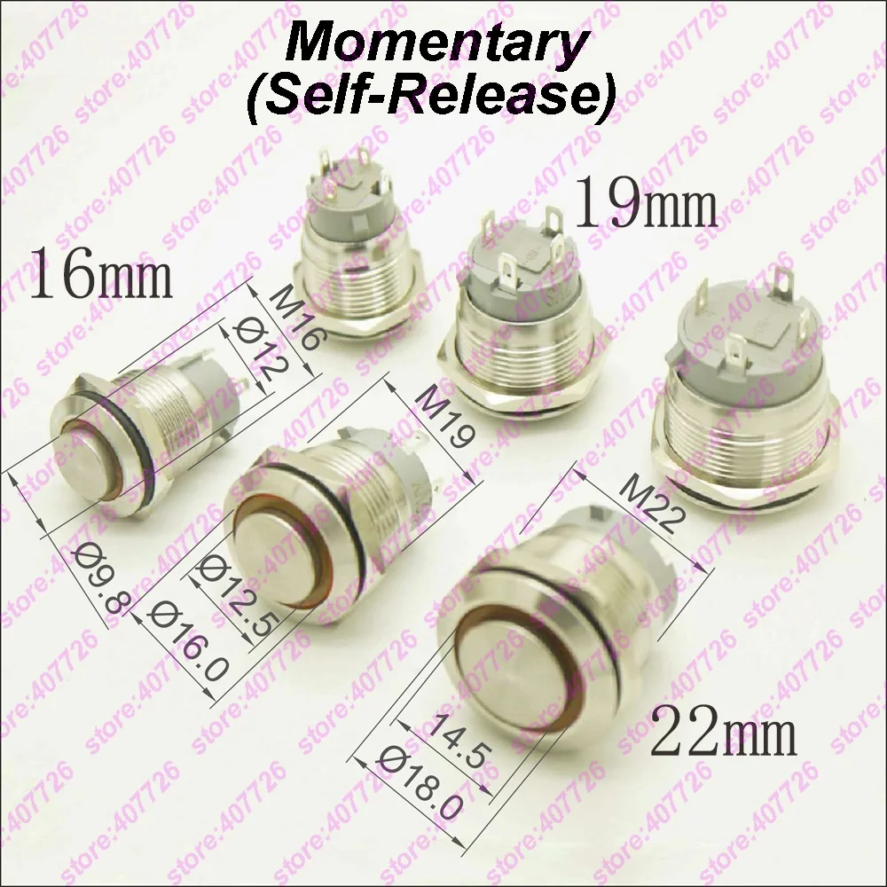 

1PC 16MM/19MM/22MM Stainless Steel Metal Button Switch illuminated Ring LED 12V/24V Momentary Push Not Fixed High Head MAX 10A
