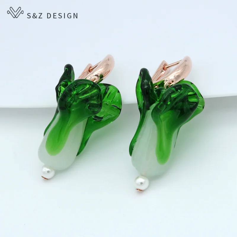 S&Z DESIGN New Fashion Cute Vegetables Shape Dangle Earrings Green Coloured Glaze Chinese Cabbage Jewelry For Lady Accessories