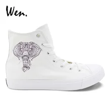 Вэнь дизайн слон в этническом стиле Повседневная обувь белые женские мужские парусиновые кроссовки высокие туфли на плоской подошве для студентов
