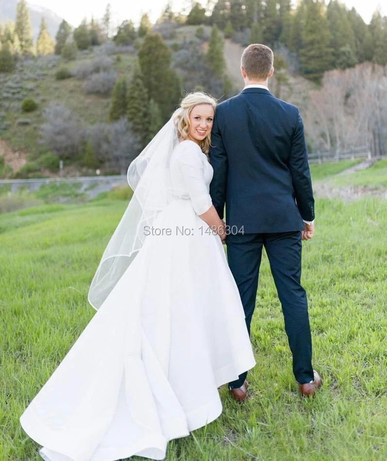 2019 Vintage Cheap Bohemian Beach Wedding Dresses 12 Sleeves Hi-Lo Scoop Neck Wedding Dresses Bridal Gowns robe de mariée (1)