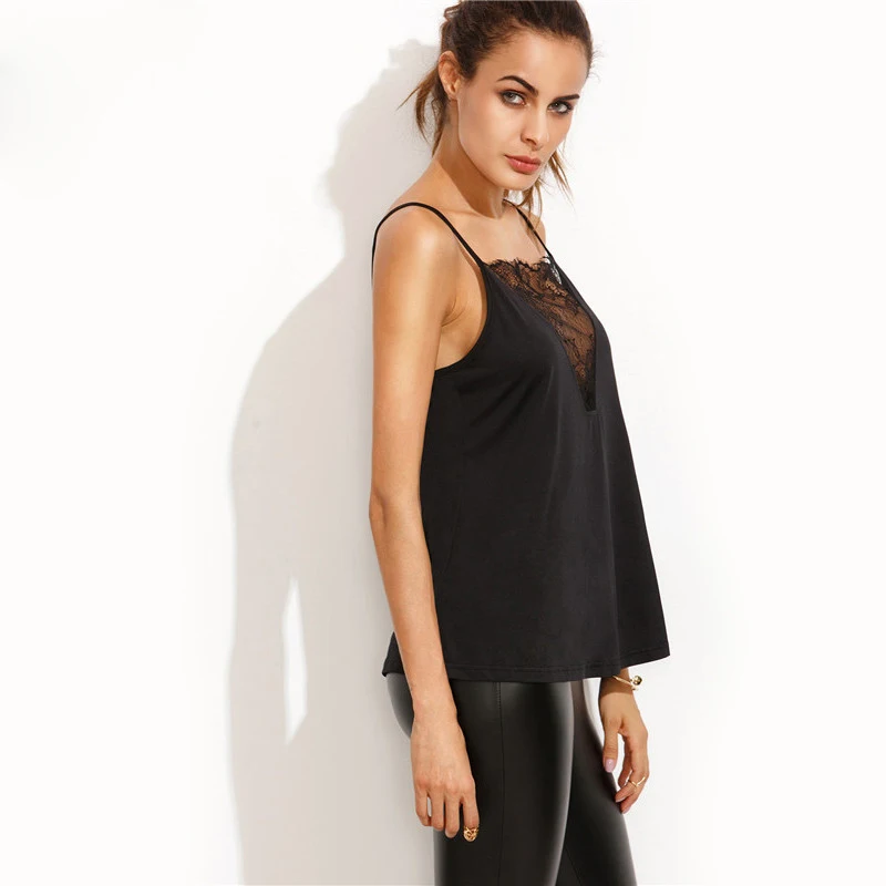  Summer Style Women Tops Sexy Camisoles For Ladies Black Spaghetti Strap Lace Patchwork Hollow Back Cami Top (3)