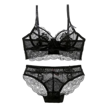 

Women Underwear Set Bra Briefs Sexy Lingerie Lace Solid Color Hanging Neck Front Buckle Gathered Beautiful Bra Set Newest