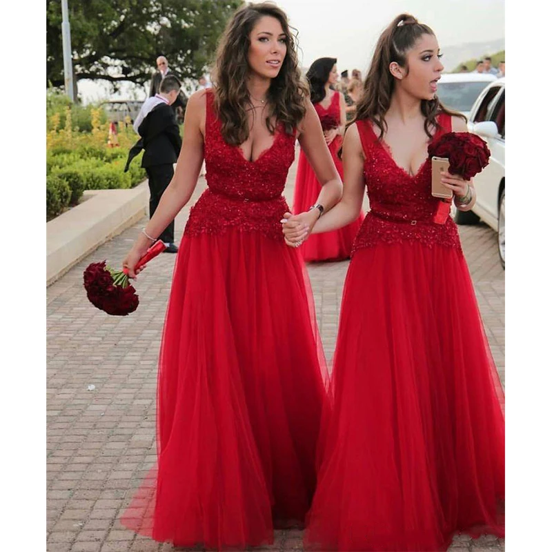 Deep V Neck Red Bridesmaid Dresses A Line Lace Sequins Sleeveless Wedding Guest Dress Custom Made Prom Gowns Deep V Neck Red Bridesmaid Dresses A Line Lace Sequins Sleeveless Wedding Guest Dress Custom Made Prom Gowns