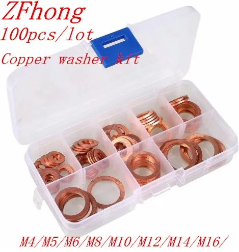 

100pcs M4-M14 Professional Assorted Copper Washer Gasket Set Flat Ring Seal Assortment Kit with Box For Hardware Accessories