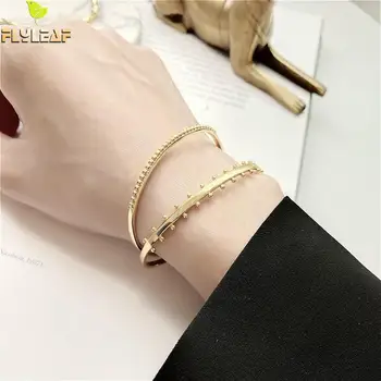 

100% 925 Sterling Silver Gold Bracelets For Women Simple Open Temperament High Quality Cuff Bracelets & Bangles Femme Jewelry