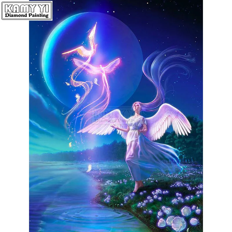 

Full Diy Diamond Embroidery Angel Diamond Painting Stuck drill Blue Night Rhinestone Surface Lake Bird Home Decoration LK1