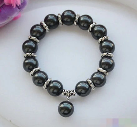 

free shipping 01338 Heart Stretch 8" BLACK SOUTH SEA SHELL PEARL BRACELET