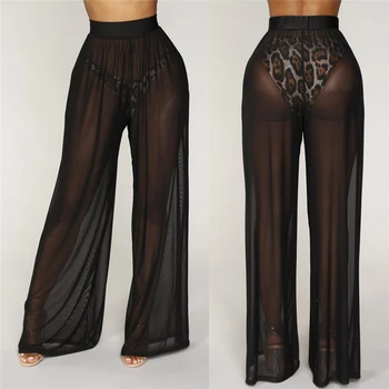 

2019 Summer Sexy Hollow pants Women Solid Beach Mesh Sheer Pants Trousers