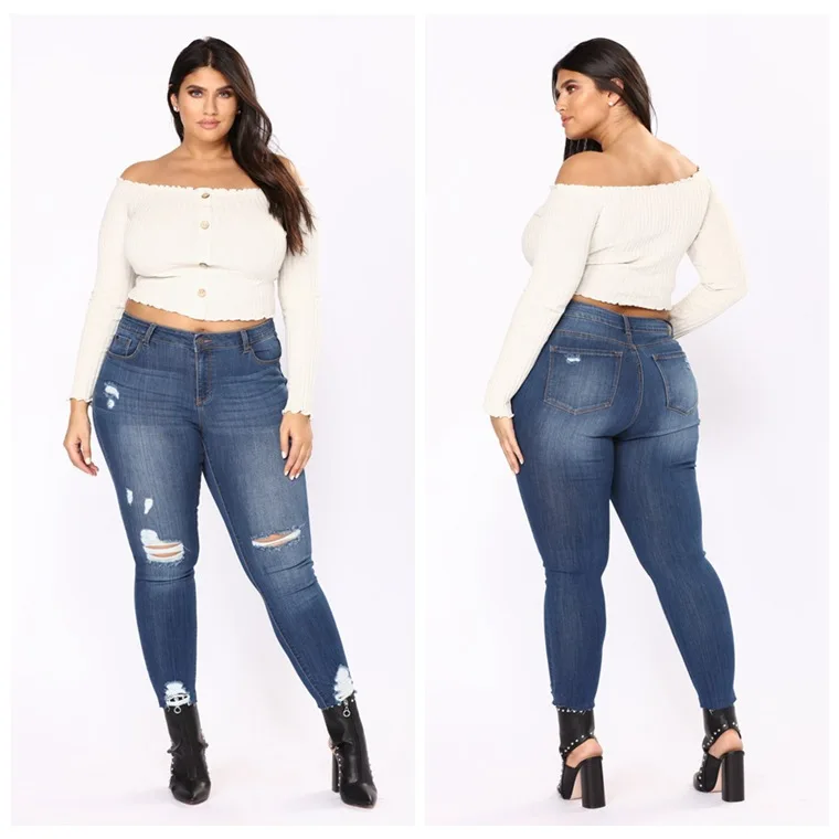 2018 Spring Autumn Ripped Women Jeans Blue Hole High Waist Pocket Button Zipper Skinny Jeans Women Casual Pants Big Size Jeans