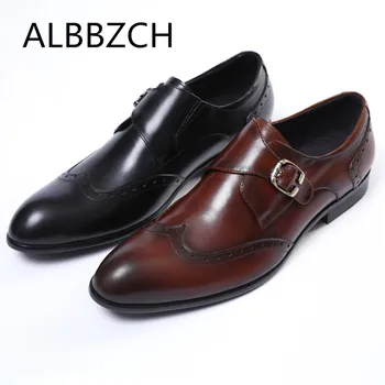 

Genuine Leather Business Dress Men Shoes Fashion Buckle Mens Wedding Shoes Black Brown Quality Pointed Toe Career Work Man Shoes