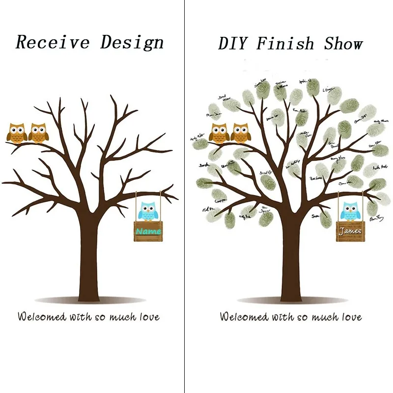 Детский душ Гостевая книга отпечаток пальца дерево живопись Подпись плакат мультфильм совы Дерево крещение Причастие сувенир холст живопись