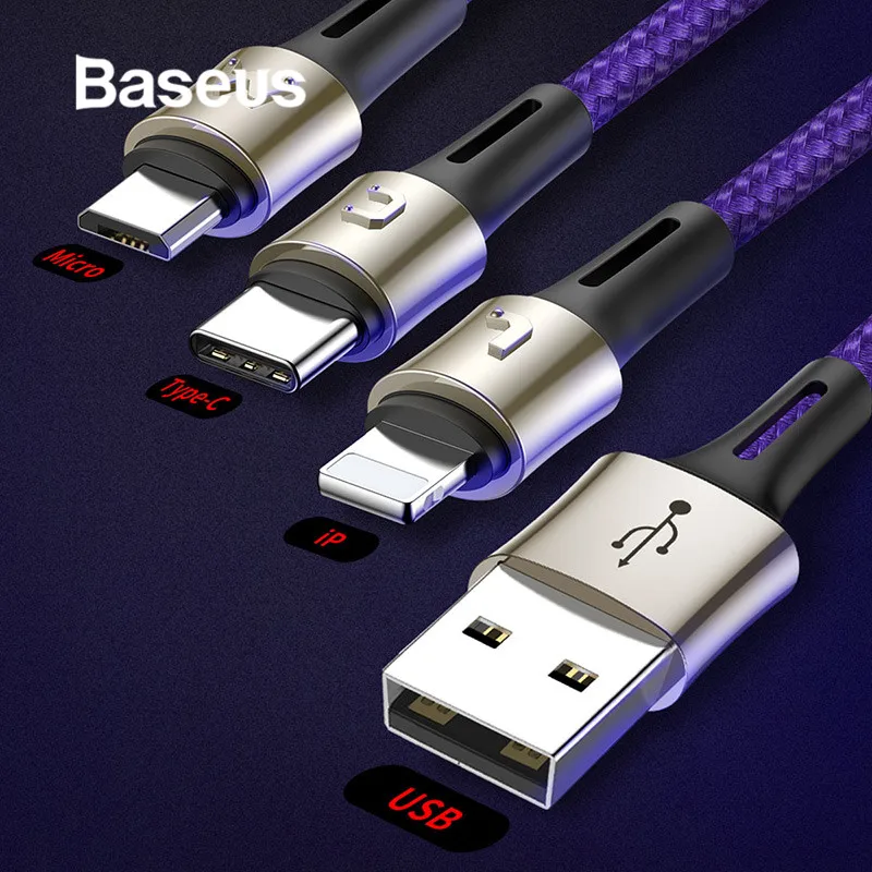 

Baseus 3 in 1 USB Cable for iPhone X XR Xs 8 7 3.5A Fast Charger Embossed Design Micro USB Type C Cable for Mobile Phone Cable