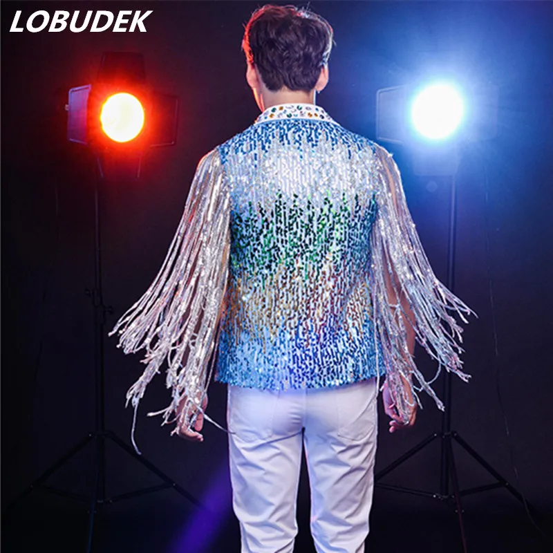 

Tide male singer Rock DJ DS Costume Bar nightclub dancer jazz stage performance outfit tassels sequins sparkly crystal vest suit