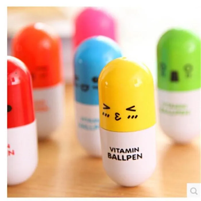 

Colorful Kid Toys Smiling Face Pill Ball Point Pen Pencils Telescopic Vitamin Capsule Ballpen