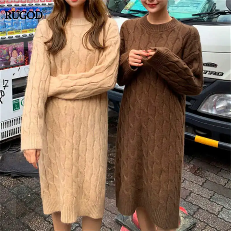 

RUGOD 2019 korea female autumn winter hemp pattern long length dresses slim lady casual lady knitted pullover sweater outwear