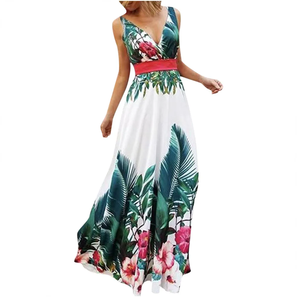 Пляжная одежда модное женское летнее с v-образным вырезом без рукавов сборное с талией богемное Платье макси с принтом пляжное платье - Цвет: Белый