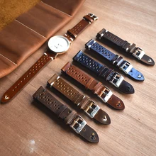Handmade Vintage Leather Strap Watch Band Watch Accessories Bracelet 18mm 20mm 22mm 24mm dark Red white/black line Watchband dark watch