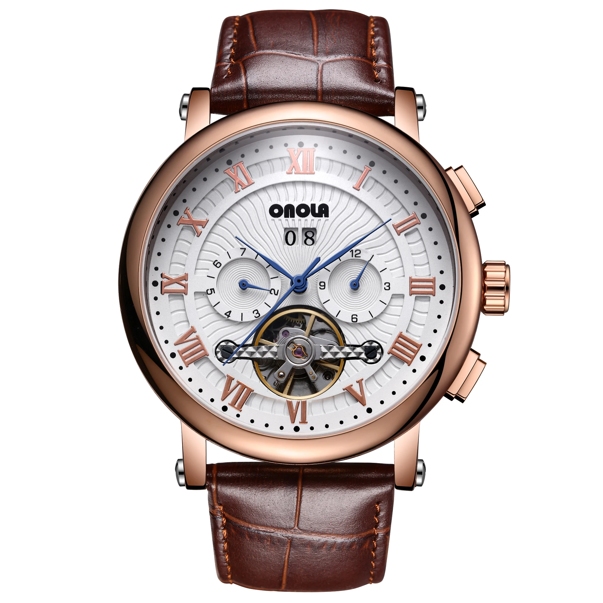 

ONOLA fully automatic mechanical multi-functional business leather man high quality rudder flywheel hollow waterproof watch