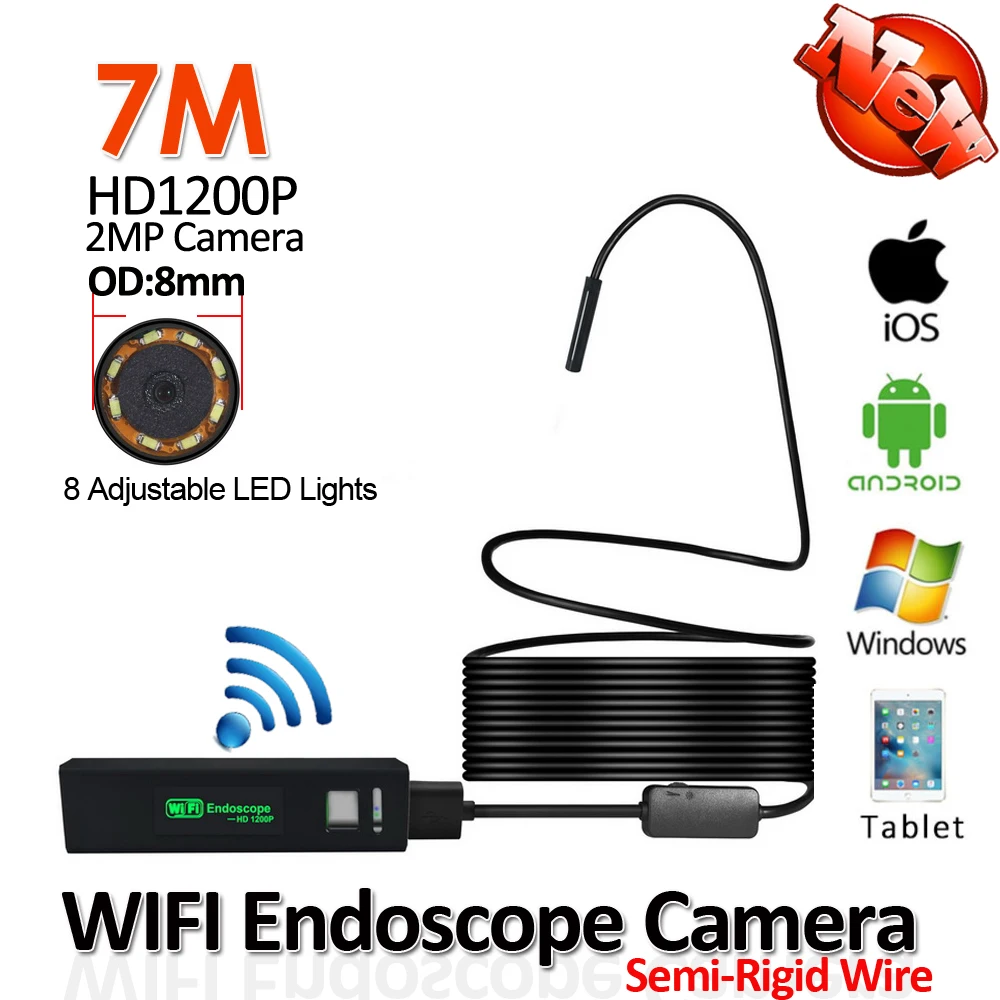 Полужесткие змея USB 1200 P 2mp WI-FI эндоскопа Камера 7 м 8 мм IP68 Android IPhone Беспроводной