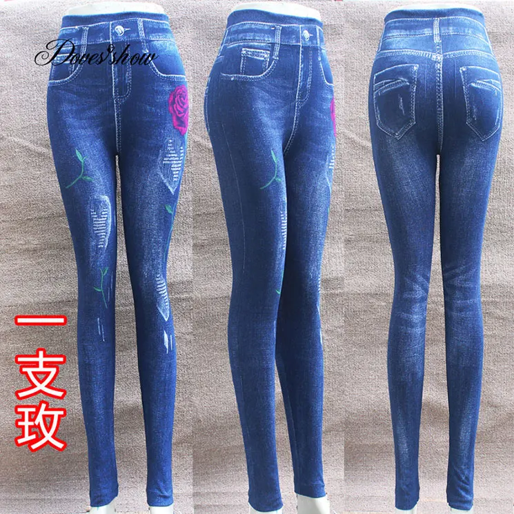 Fashion Slim Women Leggings Faux Denim Jeans Leggings Sexy Hole Heart Printing Casual Women Clothing Pencil Pants Plus size - Цвет: one red rose