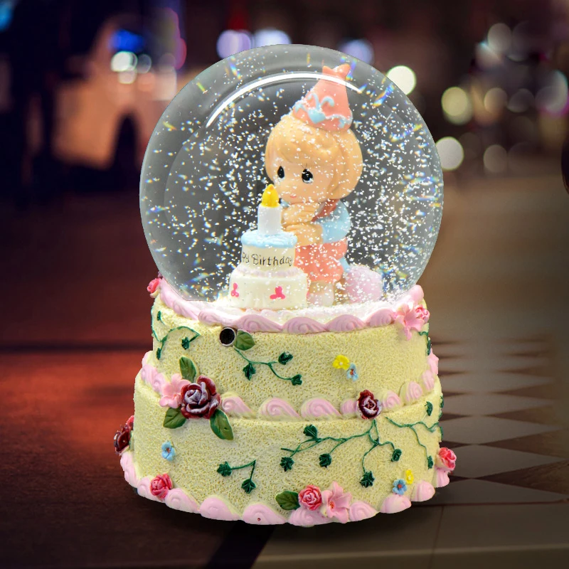 Crystal Ball Music Box With Snowflake Led Light Play The Happy