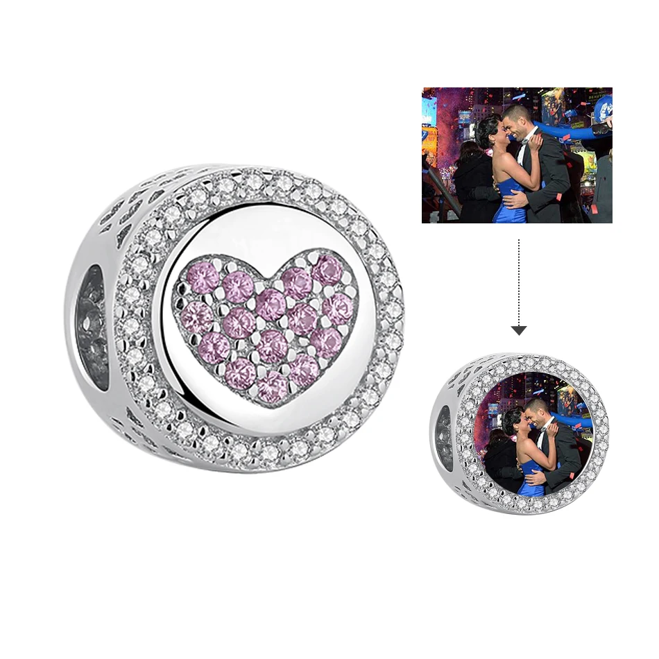 Photo Custom 925 Sterling Silver Round Pink Heart Crystal Charm Fits Luxury Bracelets Necklace Pendant DIY Fine Jewelry Making photo