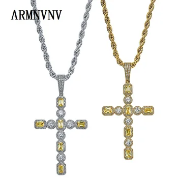 

ARMNVNV Iced Out Yellow White Color Zircon Cross Pendant Copper Bling CZ Men's Hip hop Pendant Necklace Chain Hiphop Jewelry
