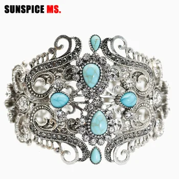 

SUNSPICE-MS Ethnic Turkish Women Broadside Bangles Cuff Bracelets Free Size Antique Gold Color Resin Wedding Jewelry Gifts 2019