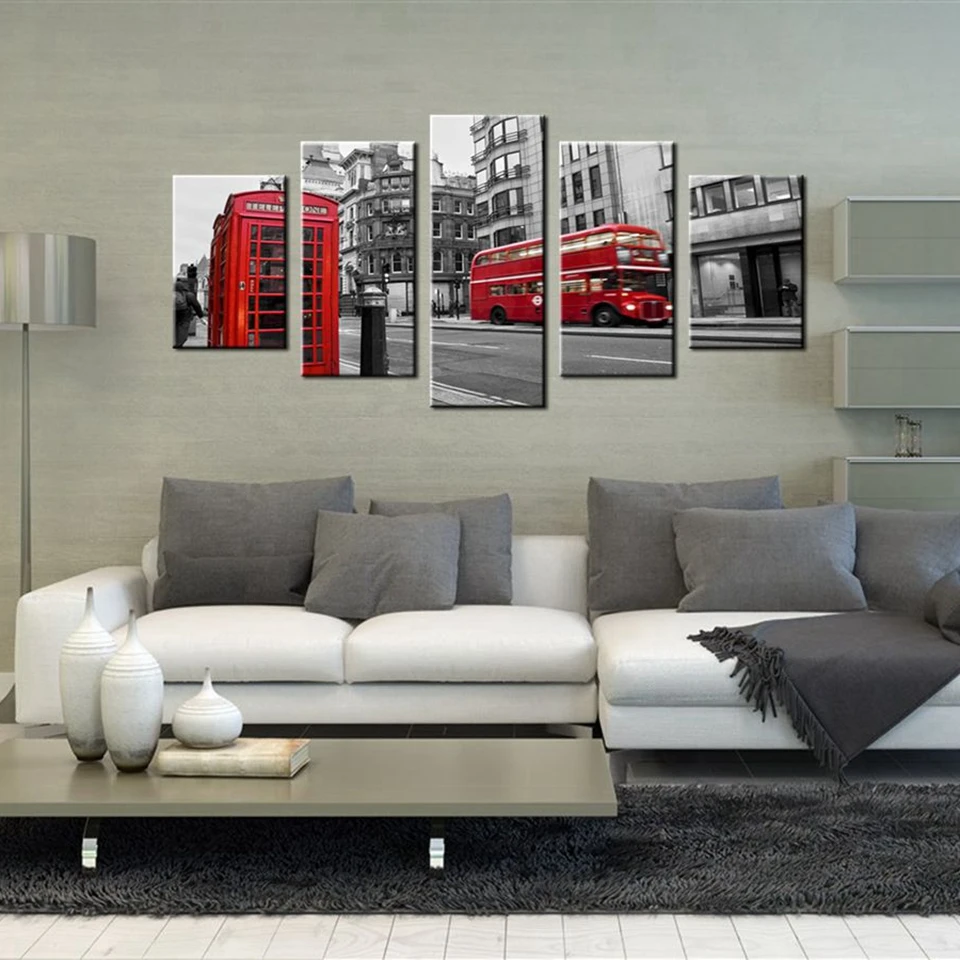 Современная HD печатная настенная художественная рамка, холст, картины 5 шт., Лондонский уличный пейзаж, красный автобус, Британский город, винтажная краска для зданий, плакаты