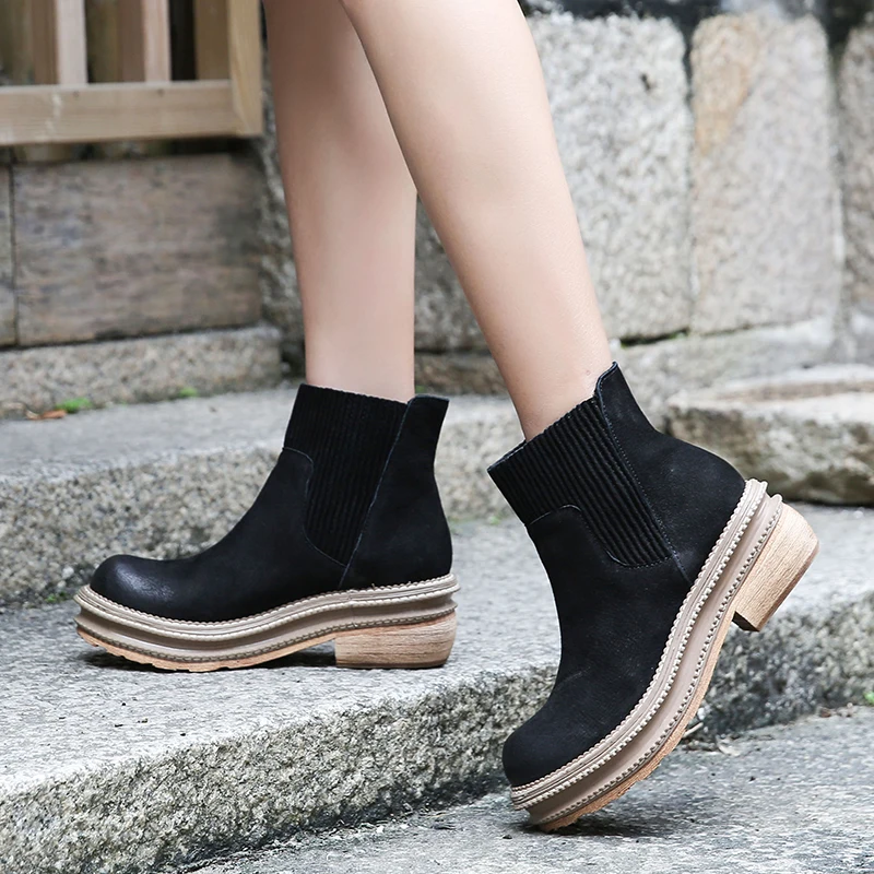 Platform Ankle Boots Shoes Woman Latest Block Heel Natural Nubuck Leather Lady Short Booties Elastic Band Female Black Boots Platform Ankle Boots Shoes Woman Latest Block Heel Natural Nubuck Leather Lady Short Booties Elastic Band Female Black Boots