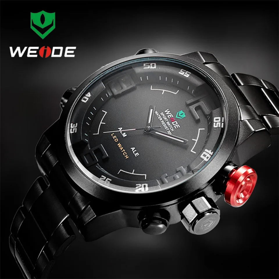  Top Luxury Brand WEIDE Men Army Military Sports Watches Men's Quartz LED Display Clock Full Steel W