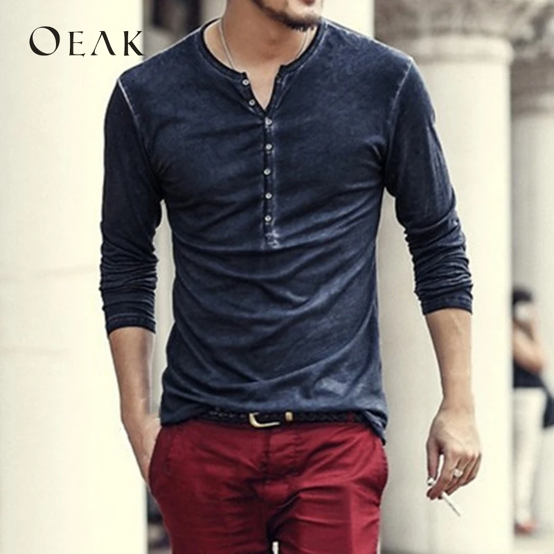 Camiseta de manga larga Casual para hombre Oeak camiseta de cuello redondo sólido algodón masculino primavera otoño Top botón camiseta masculina Camiseta de manga larga Casual para hombre Oeak camiseta de cuello redondo sólido algodón masculino primavera otoño Top botón camiseta masculina