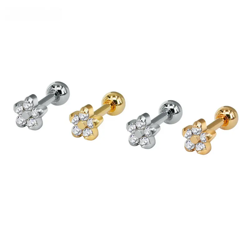 

SONGLONG minimal earrings surgical steel plum flowers earrings cubic Zircon Stone Piercing Ear Studs Anti - allergic band ball