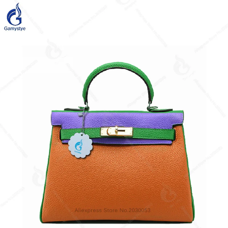 

CONTRAST Color ORANGE Bags Designer handbags High Quality Real Cowskin Leather Bag Women Handbags Padlock Tote Purses Hit Color